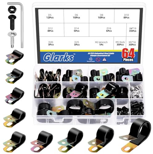 Glarks 160pcs 5/6 / 8/10 / 12/14 / 16/20 / 25mm vinyle enduit Cable Clamp Kit, clip de fil métallique, clip d'isolation de tapis en caoutchouc avec vis, écrou