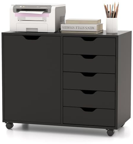 COSTWAY Rollcontainer mit 5 Schubladen, mobiler Aktenschrank mit Tür, Arbeitsplatte & Rollen, Schubladenschrank modern, Rollwagen für Büro Wohnzimmer, 79 x 39 x 65cm (Schwarz)