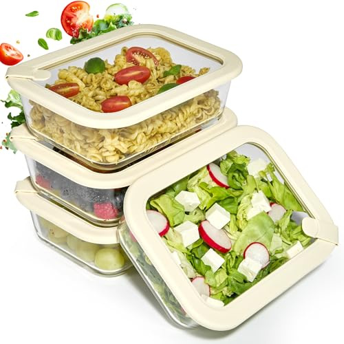 Dalena Home® Contenitore in Vetro Borosilicato Rettangolare con Coperchio Set 4x1020ml – Fiambriera Cristallo, Contenitore Alimenti, Conservazione Frigorifero, Organizer Cucina