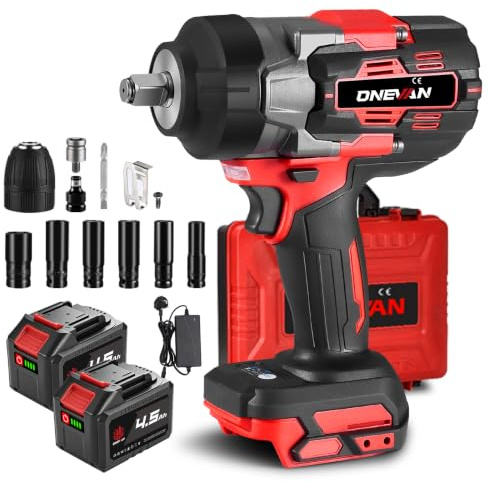 ONEVAN Impact Wrench 1/2 inch - Cordless Impact Gun 1253.9 ft·lbs (1700 N · m) Max Torque Brushless Impact Wrenches, 3 Speed Forward and 2 Reverse, 2 * 4.5Ah Battery, 6 Sockets, for Car Tyre Change