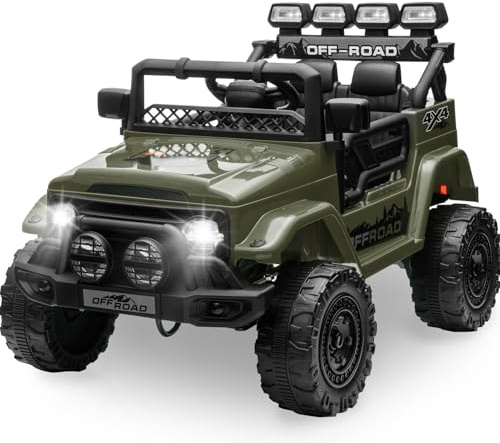 HAUSPROFI Macchina Elettrica per Bambini, 12V Macchina per Bambini, Jeep Elettrica per Bambini con Telecomando 2.4G, LED, Bluetooth, Musica, 5 km/h Max, Auto Elettrica per Bambini per 3 anni+, Verde