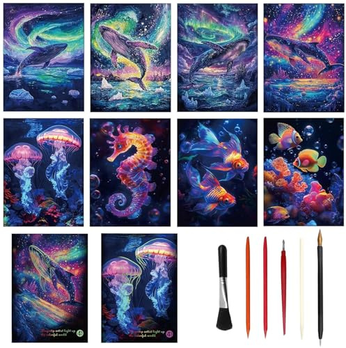 VPAFPEKG Dessin a Gratter Adulte, 8 Carte a Gratter Enfants Adulte, Tableau a Gratter A4 Scratch Paper Painting Scratch Art Kit pour Enfants Adultes Artisanat Chambre Home Decor Cadeau d'anniversaire