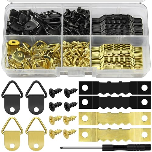 Lunhoo 251 Pcs Picture Hanging Kit, Sawtooth Picture Hanger and D Ring Hanging Hooks with Matching Screws, Picture Hangers, Picture Frame Hooks for Poster, Canvas Hanging (Black & Gold)