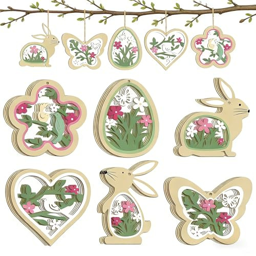 24 pezzi decorazione di Pasqua da appendere, double face in legno, decorazione di primavera pendente, decorazione di Pasqua con rabbini di Pasqua, uova di Pasqua, farfalle e fiori (verde)