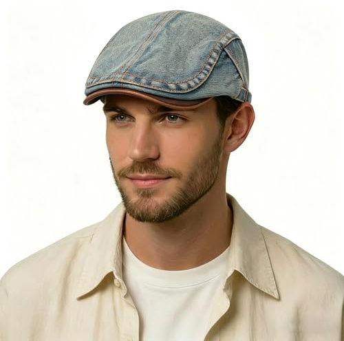 ZLYC Summer Ivy Peaked Cap Balloon Hat Cotton Flat Cap for Men, Denim Faded Blue, One Size