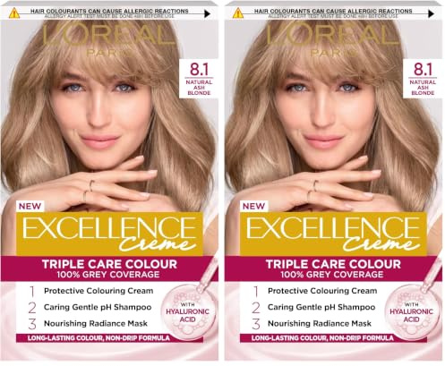L'Oréal Paris Excellence Crème Permanent Hair Dye, Radiant At-Home Hair Colour with up to 100% Grey Coverage, Pro-Keratin, Up to 8 Weeks of Colour, Colour: 8.1 Natural Ash Blonde (Pack of 2)