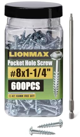 LIONMAX Pocket Hole Screws 1-1/4 Inch, 600 PCS Interior Pocket Screw #8 x 1-1/4, Coarse Thread, Square Drive, Washer Head, Zinc Plated, 150MM Drive Bit Included