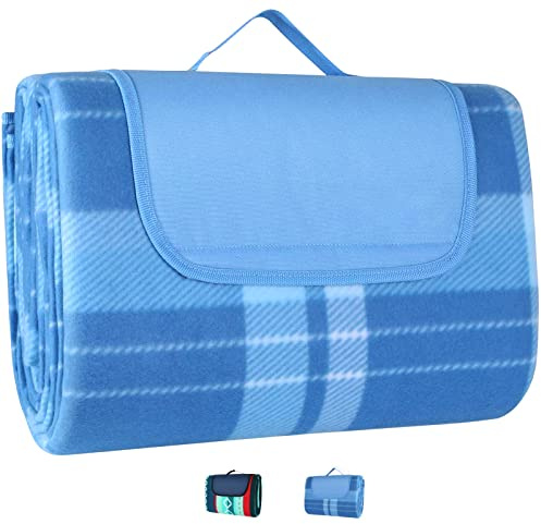 LIFERUN Coperta da Picnic per Esterni 300 x 300 cm, Impermeabile Con Maniglia, per Campeggio, Escursioni, Barbecue, Viaggi, Blu a Quadri