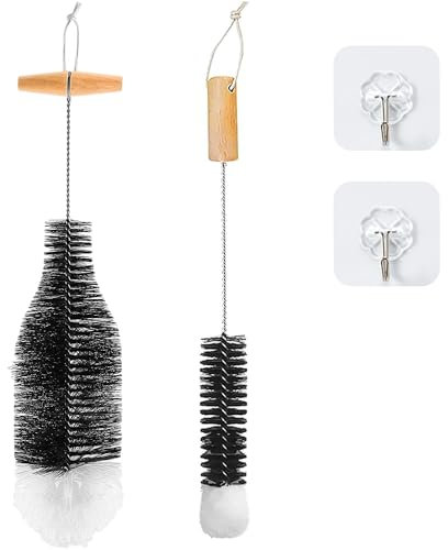 Lot de 2 brosses de nettoyage avec 2 crochets, brosse pour biberon, brosse à biberon, brosse à poils souples, résistante aux rayures, convient pour bouteilles de limonade, bouteilles en verre,
