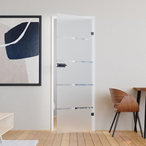 Glastür Komplettset mit Beschlag 709 x 1972 mm Milchglas Streifen - Glastüren 8mm ESG satiniert - Innentür Glas mit Türgriff schwarz matt eckig Profilzylinder vorgerichtet DIN rechts