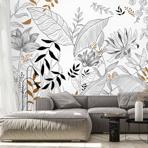 Naturempress Papier Peint Panoramique 310X250（LXH） Feuilles Minimaliste Noir Et Blanc Papier Peint Intissé Tapisserie Poster Mural pour Salon Chambre Décoration Murale