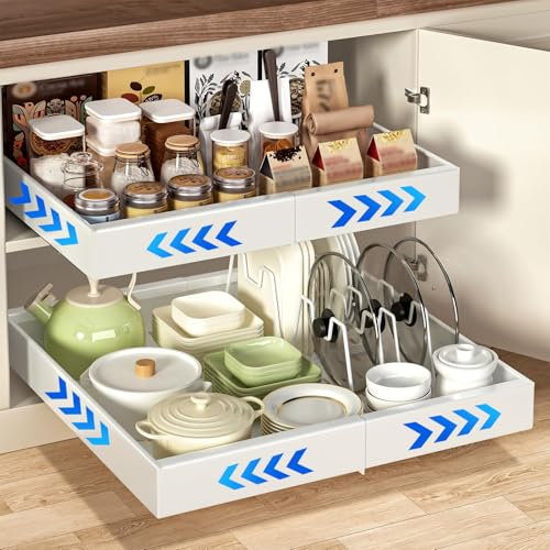 wordmouk Teleskopschublade Ausziehbare Schubladen Aufbewahrungsregale für Küchenschränke Ausziehbarer Schrank Organizer Küchen Schublade Organizer für Küche, 32-52m Breite, 42cm Tief, Weiß, 1 Stück