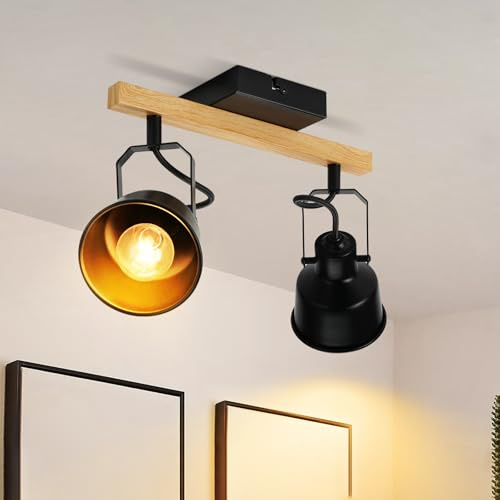 GBLY Faretto da soffitto 2 fiamme Nero: Lampada da soffitto Vintage Orientabile 350° MAX.25W Attacco E14 Spot da soffitto industriale effetto legno per soggiorno camera da letto (senza lampadina)