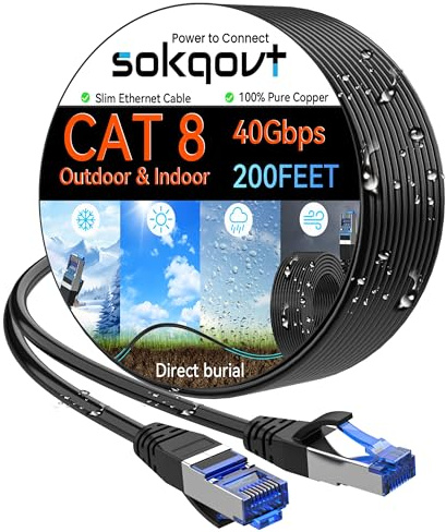 Sokqovt Cat 8 Ethernet Cable Slim 200ft Outdoor&Indoor, Pure Copper Cat8 Internet Cable for Waterproof & Direct Burial, Flexible Cat8 Ethernet Cable 40G 2000MHZ, Cat 8 Network Cable for Indoor Black
