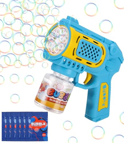 Goxiry Seifenblasenmaschine Elektrisch Seifenblasenpistole mit LED Licht und 150 ML Seifenblasen Flüssigkeit Seifenblasen Pistole für Sommer, Outdoor-Aktivität, Geburtstag, Party, Blau