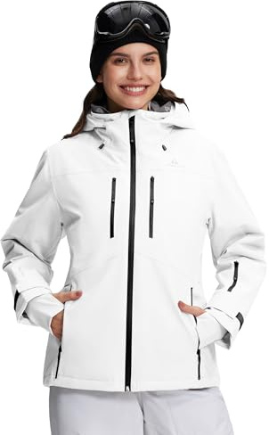 Pioneer Camp Snowboardjacke Damen Winddicht Atmungsaktiv Mit 7 Taschen Ski Winterjacke Outdoorjacke(White;XL)