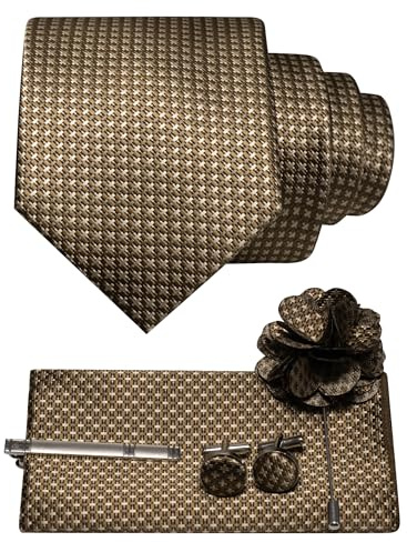 JEMYGINS Mens Tan Tie and Lapel Pin Necktie Pocket Square and Tie Clip with Cufflinks Sets for Business Casual 5PCS(26)