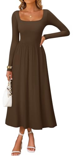 ZESICA Spring Dresses for Women 2026 Elegant Classy Square Neck Long Sleeve Flowy Wedding Guest Party Midi Dress Brown M