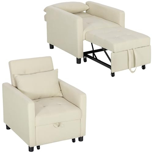 HOMCOM Sofá Cama de 1 Plaza 3 en 1, Sillón Cama Tapizado en Lino, con Respaldo Ajustable de 3 Niveles, Almohada Acolchada, para Oficina, Dormitorio, Salón, 69x82,5x84 cm, Beige