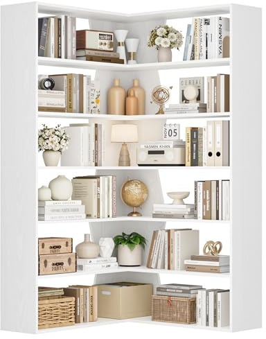 FirFurd Bookcase 6 Tiers Corner Bookshelf White Tall Bookcase Free Standing with Open Storage Display Rack L-shaped Book Shelf for Living Room Home Office 90x90x190.5cm