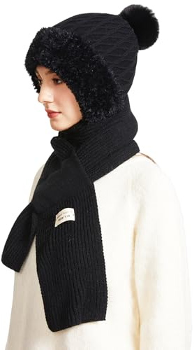 TAGVO Winter Knit Hat & Scarf Women, Ladies Stretchy Soft Elastic Windproof Classic Diamond Jacquard Hat with Pom Pom and Fleece Linning, Balaclava Hooded Scarf Set Lined Neck Warmer Cap for Women