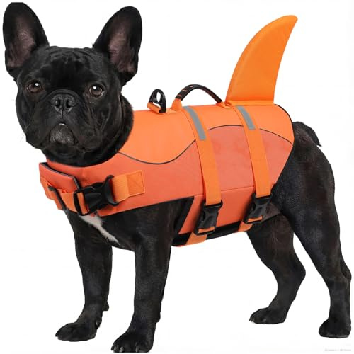 ASENKU Giubbotto Salvagente per Cani, Giubbotto Salvataggio Cane Squalo per Nuoto e Sport Acquatici, con Maniglia Superiore e Cintura di Sicurezza Regolabile, per Cani di Taglia Piccola Media Grande M