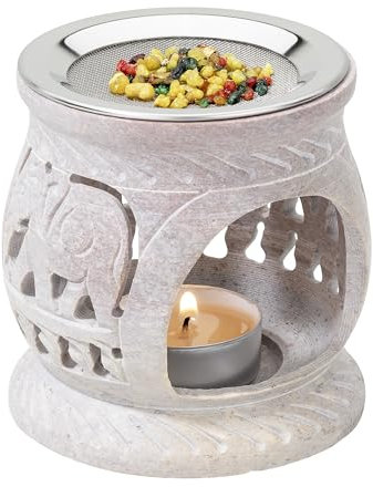 RÄUCHERSTÖVCHEN AUS SPECKSTEIN MIT SIEB Ø 8 cm HÖHE 8,5 cm – Handgefertigtes RÄUCHERGEFÄSS mit Edelstahl-Einsatz – Für TEELICHT (Nicht enthalten) – Zum sanften Räuchern von WEIHRAUCH & KRÄUTERN