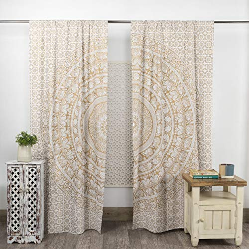 Popular Handicrafts Indian Hippie Bohemian Beautiful Elephant Set of 2 Mandala Curtain Panels White Gold 25 X 74 
