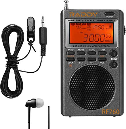 Raddy RF760 Radio numérique large bande à ondes courtes FM/AM/SW/CB/VHF(UHF)/WX/air rechargeable avec prise casque, antenne filaire de 3 m
