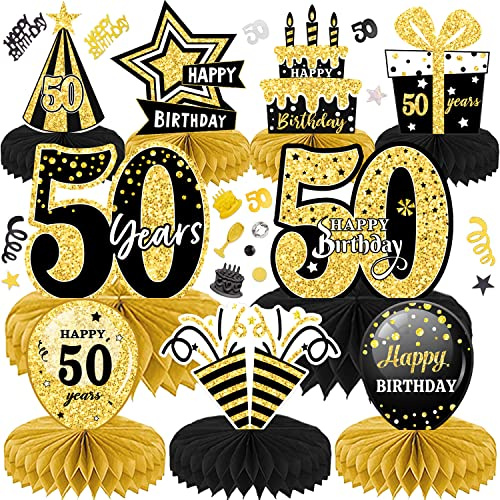 LWAIX Centrotavola Compleanno Set 10pz 50 Anni Centrotavola a Nido d'Ape Decorazioni Oro NeroToppers da Tavolo per Uomini e Donne(50 Anni)