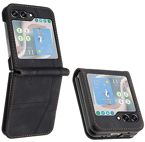 Lihondar Samsung Galaxy Z Flip 5 Hülle - Leder Schutzhülle Tasche Cover Case Klappbar Klapphülle Etui (Schwarz)