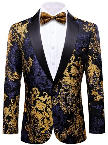 Barry.Wang Blazer décontracté à boutonnage simple pour homme avec broderie cachemire, Dégradé bleu doré, XXL