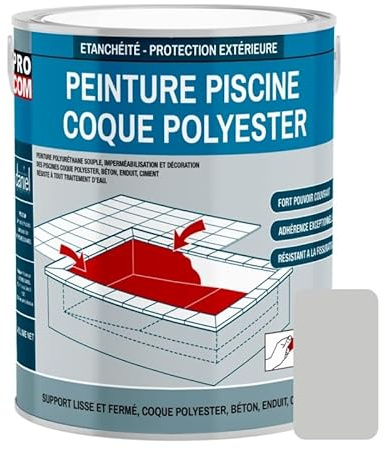 PRO COM Peinture piscine coque polyester et béton, peinture piscine polyuréthane étanche et souple 3 Kg