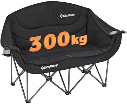 KingCamp Campingstuhl Faltbar für 2 Personen, Camping Sofa Couch Klappbar 2 Sitzer, Doppelter Klappstuhl Camping mit Armlehne, Gartenstuhl Gepolstert Hochlehner für Outdoor Balkon, 300 kg Schwarz