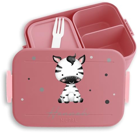 Kinder Bento Box Midi Lunchbox für Mepal Bentobox - Brotbox Zebra mit Namen Jausenbox Zebras Vesperdose Zebramotiv I - 900 ml - Rosa - brotdose auslaufsicher 3 fächer personalisierte