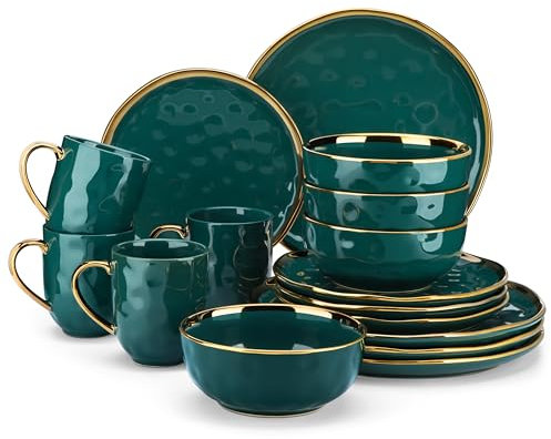 LOVECASA Set med 16 delar tallrikar och skålar, porslin, grön och guld, servisuppsättningar, runda middagstallrikar, porslin, servis för 4, diskmaskinssäkert och repbeständigt, grönt