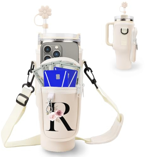 Initiale Wasserflaschenträger Tasche für Stanley 40 oz Tumbler mit Handytasche,Flaschenhalter zum Umhängen mit Verstellbarem Gurt, mit Strohhalmabdeckung & Karabiner,Sport Zubehör Damen(R)