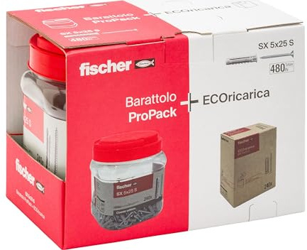 Fischer 480x Tasselli SX 5x25 con Vite, Pack con Barattolo + ECOricarica
