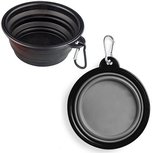 Bowl Plegable Cuenco de Agua Bebedero Plato con Mosquetón Mascotas Perros Gatos Comedero Recipiente Portátil para Viajes con Gancho de Metal Fácil de Llevar - 2 Ud (Gris y Negro)