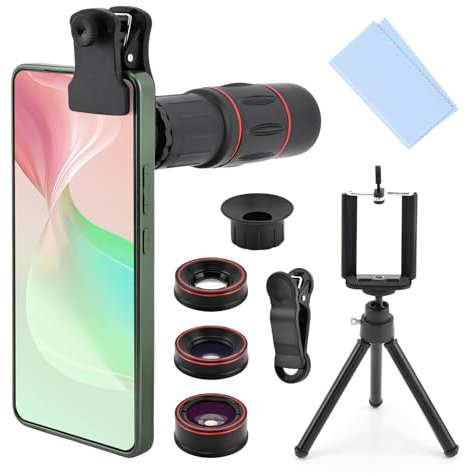 Phone Camera Lens Kit 4 in 1, Phone Photography Kit with Flexible Phone Tripod, 18X Telephoto Lens, 25X Macro Lens, Fisheye & Wide Angle Lens Compatible with iPhoneSamsung/Android Smartphones