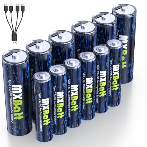 MXBatt 6 Pilas Recargables AA 3400mWh USB C Litio, Pilas AAA Recargables USB C 1200mWh 6 Pieces con Cable Puerto USB C 1500 Ciclos