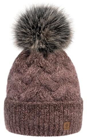Gorro de punto para mujer de invierno, cálido, con pompón, de mohair, lana y forro polar, marrón, M
