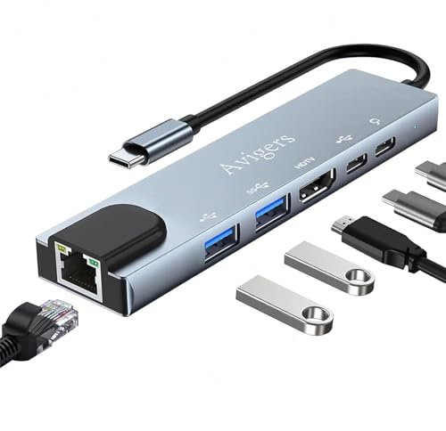 Hub USB C, (6 en 1) Adaptateur vers RJ45 Ethernet, HDMI 4K, PD 100W, USB 3.0 Port, USB 2.0 Port, Type-C Port, USB C Multiport Adaptateur pour iPhone 16/15 Série, MacBook Pro/Air, iPad, Samsung, etc.
