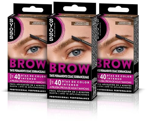 Syoss Brow Tint - Colorazione permanente per sopracciglia - marrone chiaro, confezione da 3 pezzi, copertura totale e colore durevole