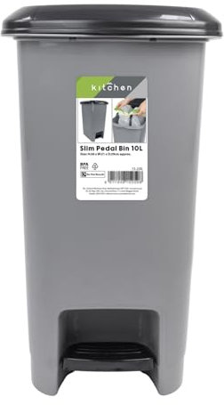 JVL Slim Plastic Lidded Foot Pedal Waste Bin, 10L, Grey