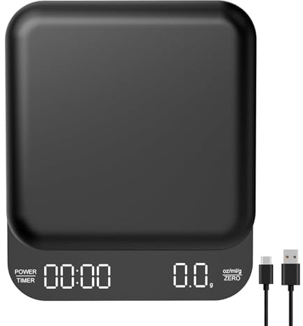 OBEST Minibáscula digital de café con temporizador, báscula de café recargable, 3 kg/0,1 g, báscula electrónica de alta precisión con pantalla LED, báscula de cocina pequeña, resistente al agua, color