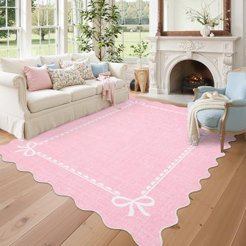 GarveeHome Scalloped Bow Rug for Living Room, Solid Pink Rug for Dorm, Washable Rugs 5x7 Soft Low Pile Non Slip Scalloped Rugs for Nursery College Bedroom Decor Kids Room Playroom