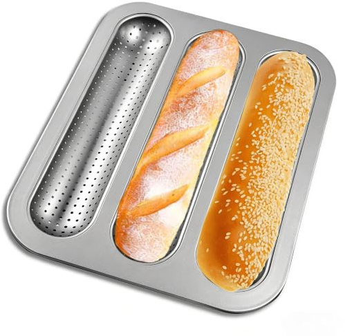 JSJMOFA French Bread Baking Pan, 3-Cavity Baguette Pan, Silver 1 Pack
