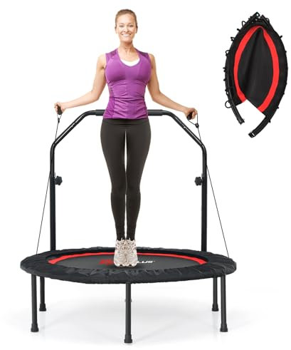 COSTWAY φ101cm Fitmess Trampolin, Mini Trampolin mit höhenverstellbarm Haltegriff & 2 Widerstandsbändern, Kindertrampolin faltbar, Gartentrampolin bis 150kg belastbar für Erwachsene & Kinder (Rot)