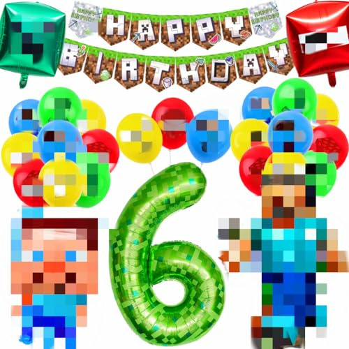 QISHENG Decoración de Fiesta de Cumpleaños, Tema de Videojuegos, Globos de Látex con Banner Happy Birthday, Número 6, Forma Redonda y Cubo, para 6 Años (A)